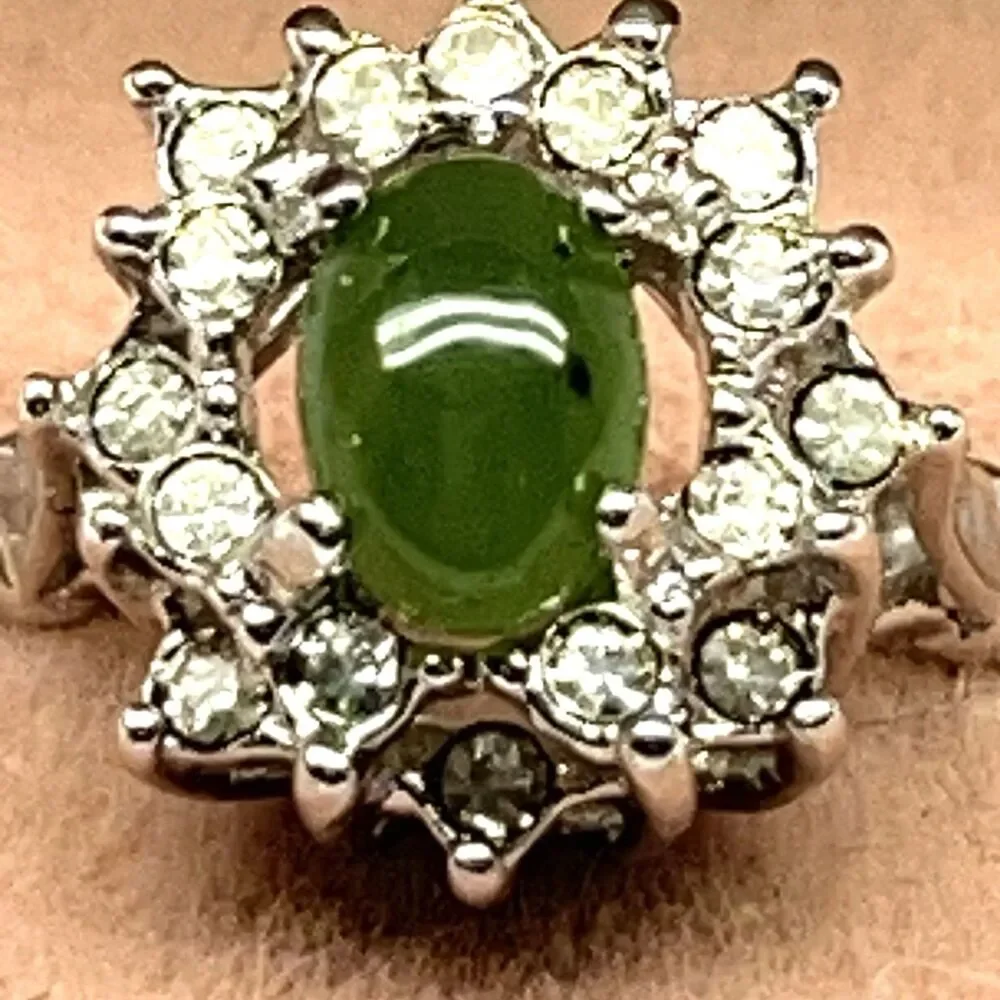 Vintage Silver Tone Jade Rhinestone Ring Size 6.25 Uncas
